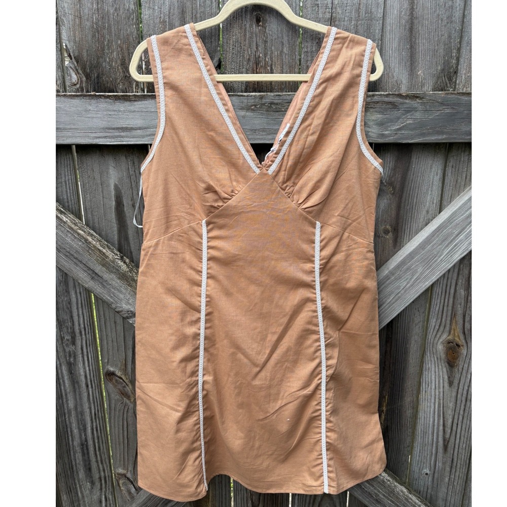 Ebby and I Linen Lux Beige V-Neck Mini Dress White Trim Cotton Linen Size 14 NWT